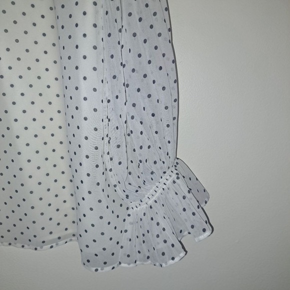 Talbots Plus Women 1X White Black Polka Dot Pleated Ruffle Sleeve Keyhole Blouse - Picture 3 of 7